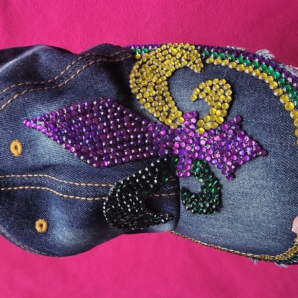 Bling denim ball cap Fleur de lis Mardi Gras colors - Picture 5 of 7